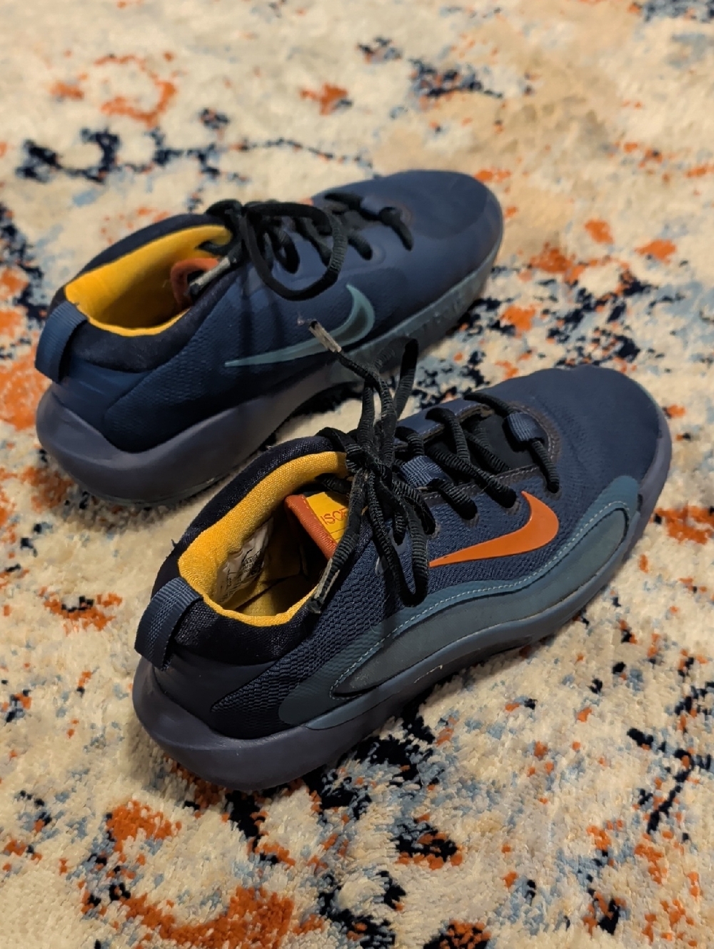 Nike Navy and Teal Low-Top Sneakers with Orange Swoosh